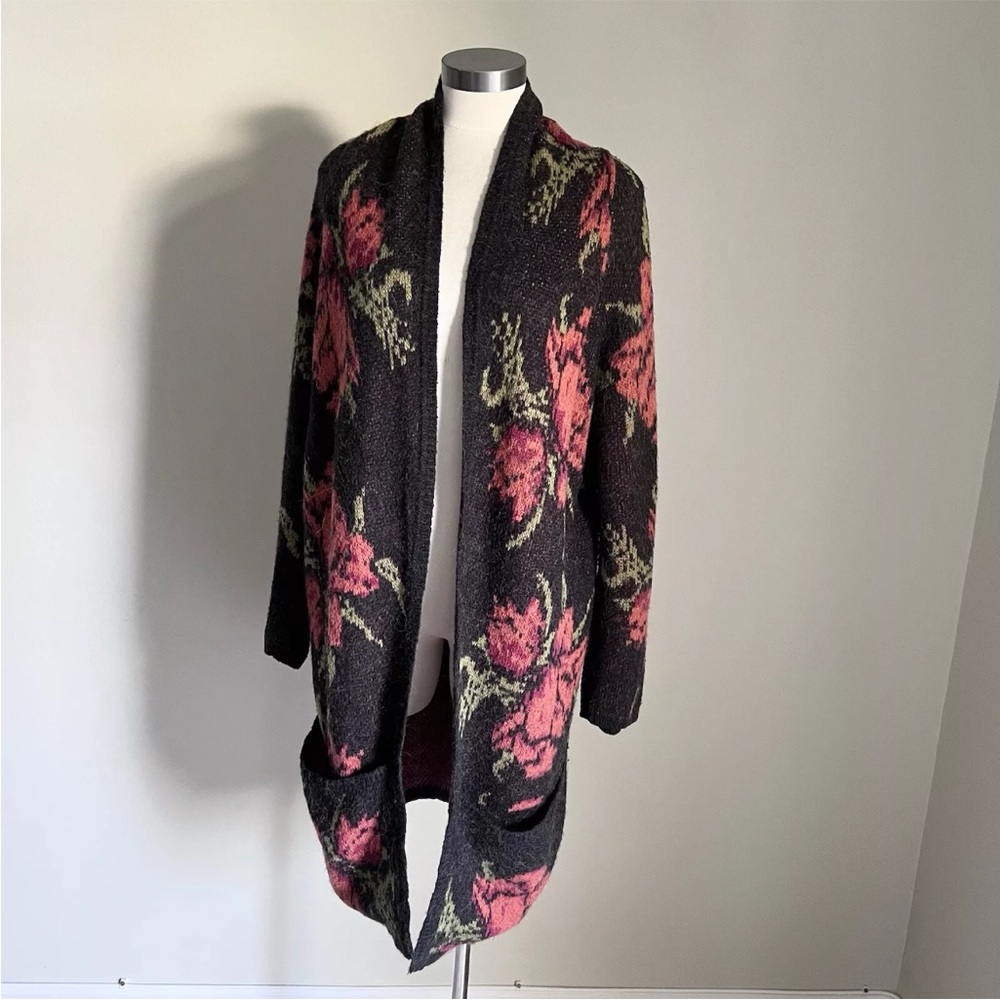 Free People Flower Power Boho Knit Cardigan Sz LARGE Wool Alpaca Blend Red Black - Picture 2 of 15